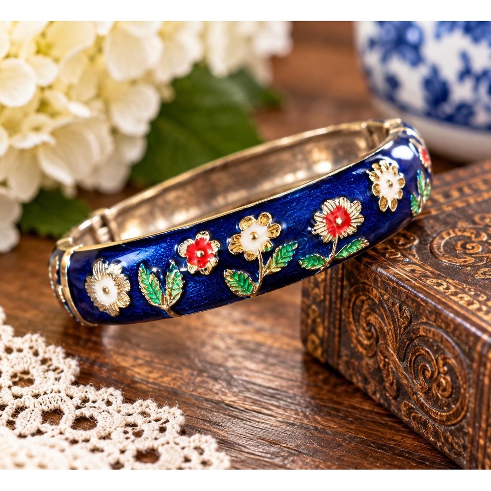 Vintage Jiu Long Xing Cobalt Blue Cloisonné Enamel Floral Hinged Bangle Bracelet